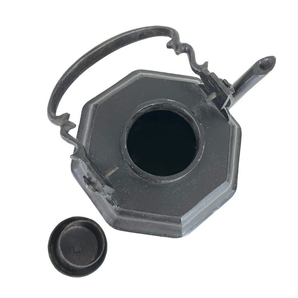 Vintage Chinese Shantou Teapot Pewter Metal Reverse Glass Painted Panels Black - Picture 10 of 16